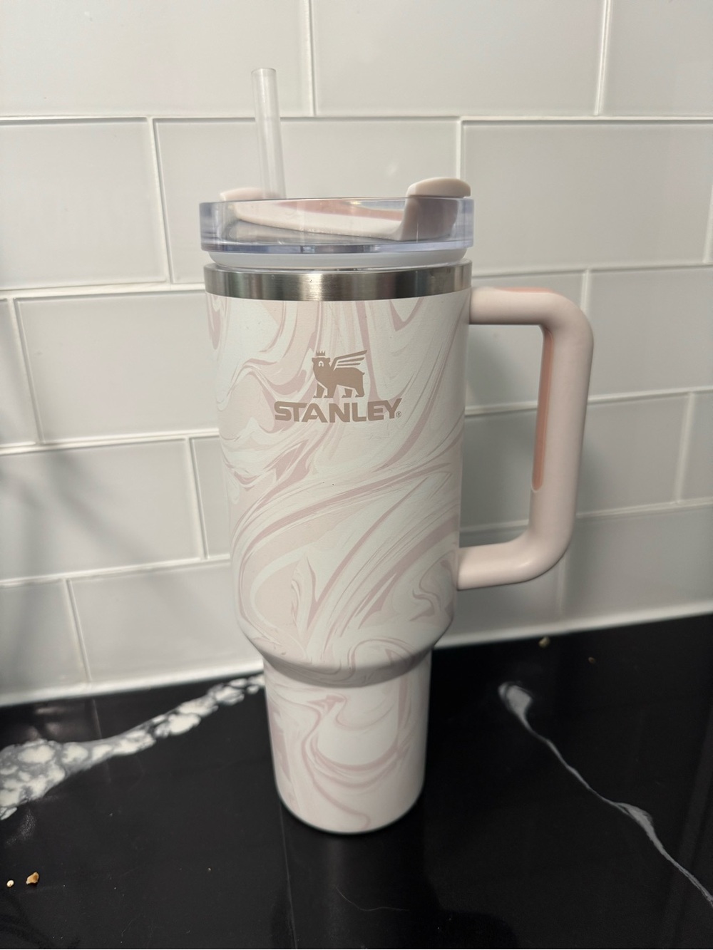 Stanley White & Pink Marble Insulated Travel Mug with Handle